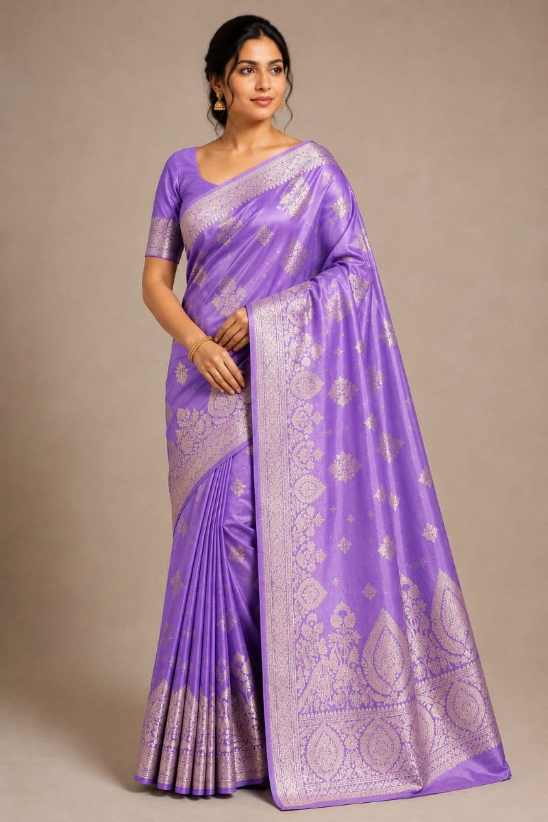 Banarasi Satin Silk – Lavender with Antique Gold Zari