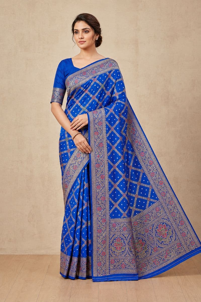 Banarasi Bandhani Silk Saree – Navy Blue & Purple Diamond Jaal