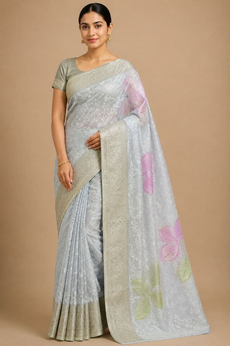 Chikankari Saree – Soft Blue Grey with Pastel Floral Embroidery
