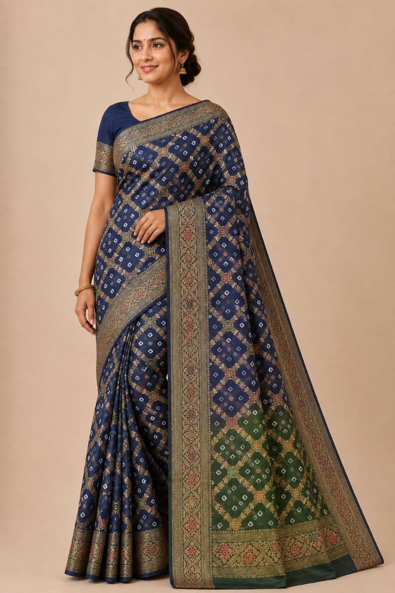 Banarasi Bandhani Silk Saree – Royal Blue & Emerald Green