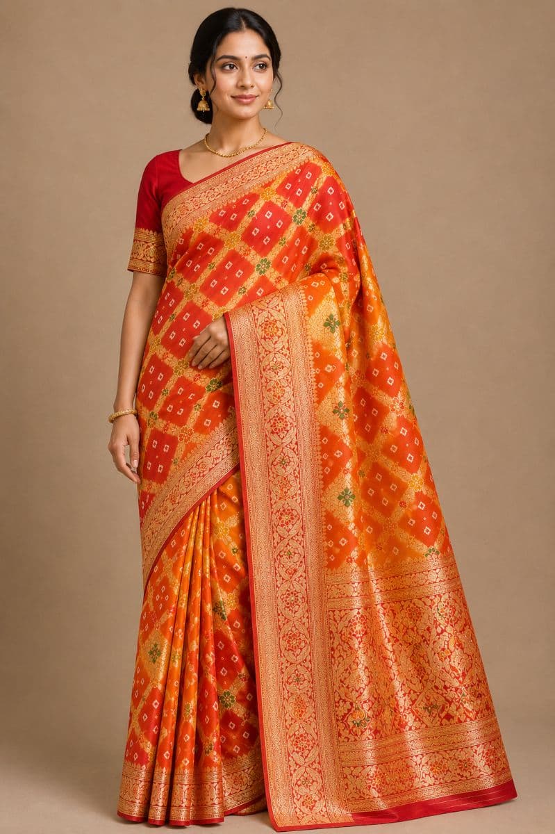 Banarasi Bandhani Silk Saree – Orange & Red Diamond Jaal