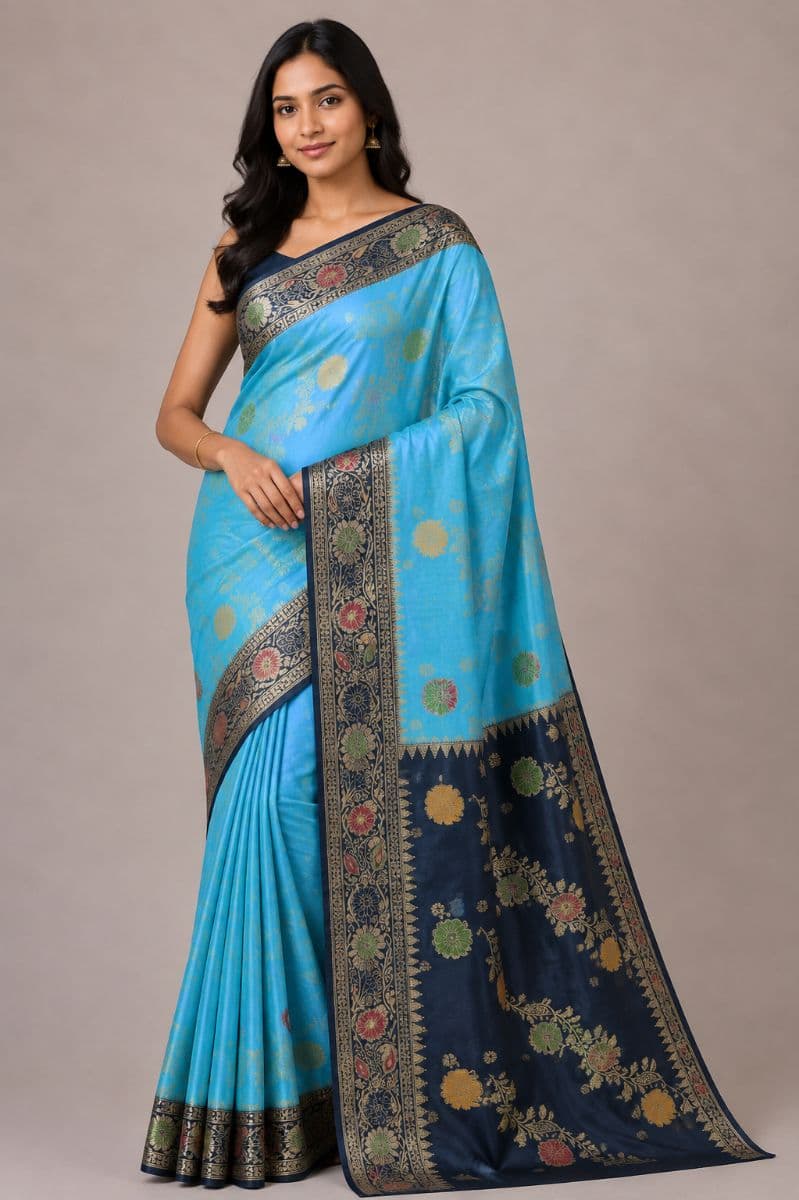 Raw Silk Ada Saree – Turquoise Blue with Charcoal Floral Pallu