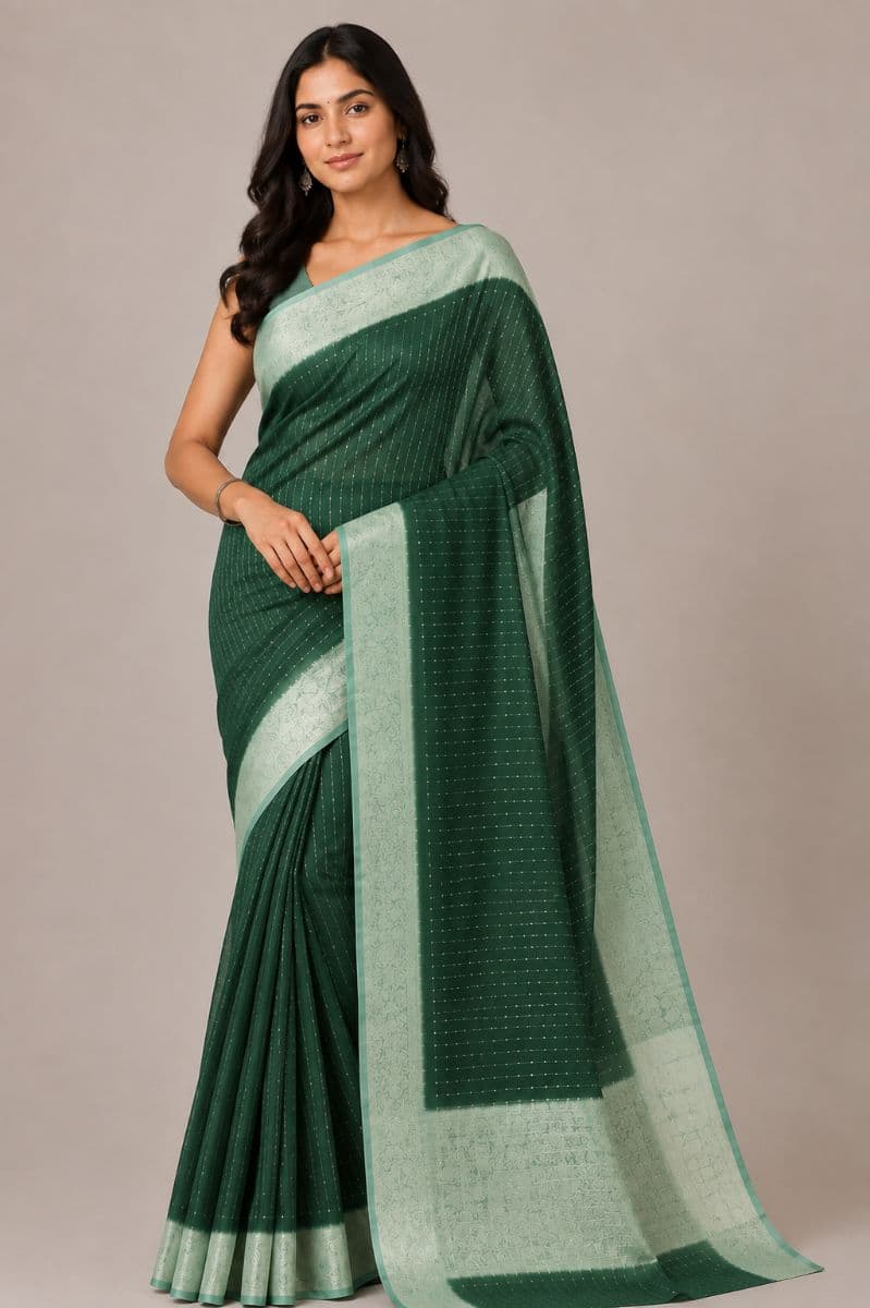 Tikli Viscose Saree – Bottle Green with Light Green Border