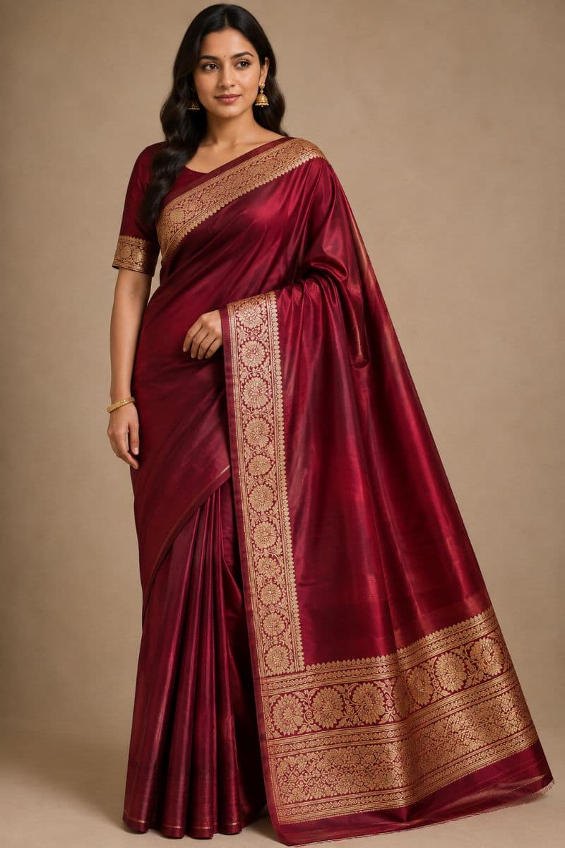 Plain Bridal Silk Saree – Wine Maroon with Antique Gold Floral Zari Border