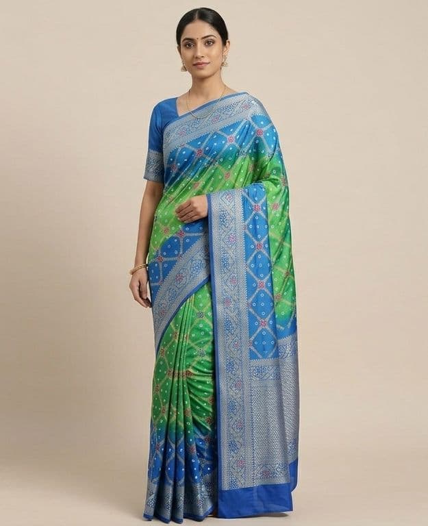 Banarasi Bandhani Silk Saree – Dark Teal Green & Deep Green