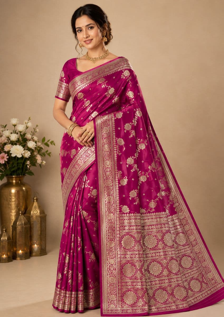 Banarasi Katan Silk Saree – Wine Floral Zari