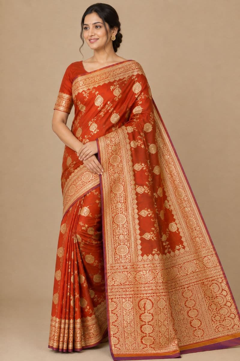Banarasi floral silk – Orange with Gold Zari Border