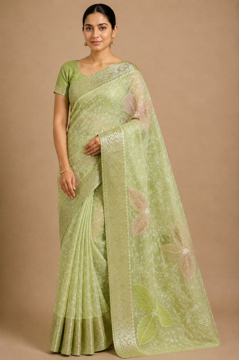 Chikankari Saree – Sage Green with Pink & Green Floral Embroidery