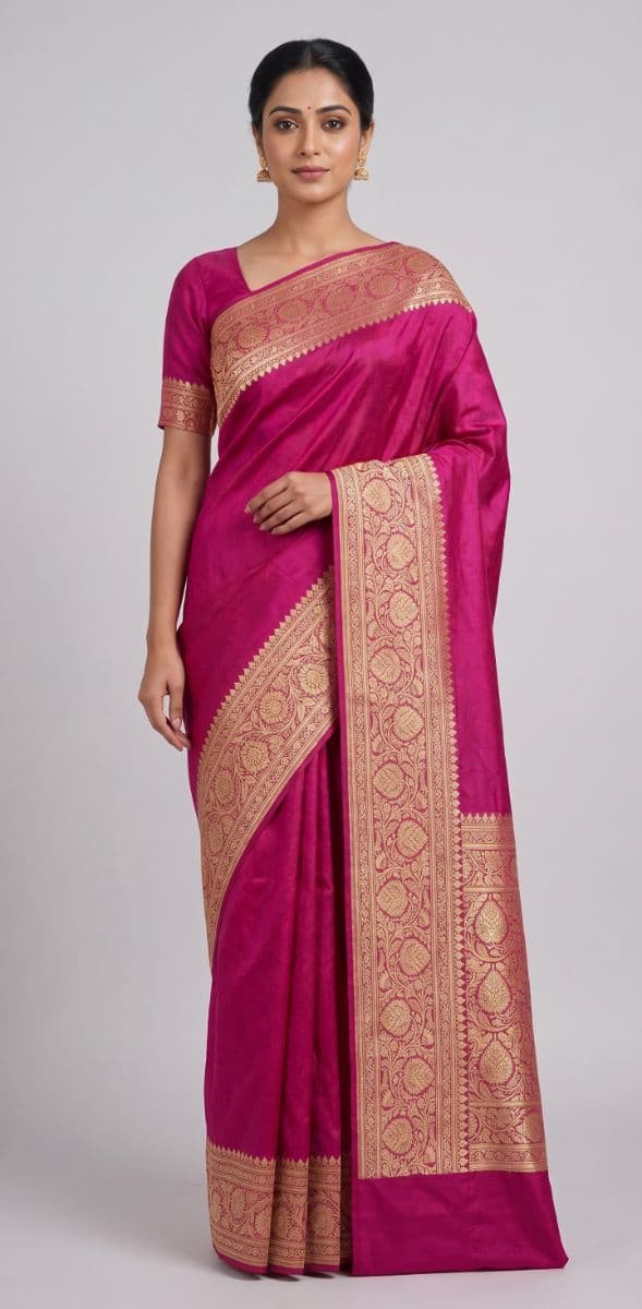 Banarasi Tanchoi Plain Saree – Magenta Pink with Gold Zari Border