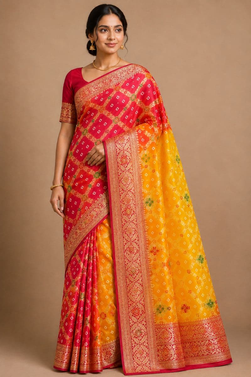 Banarasi Bandhani Silk Saree – Red & Yellow Dual Tone