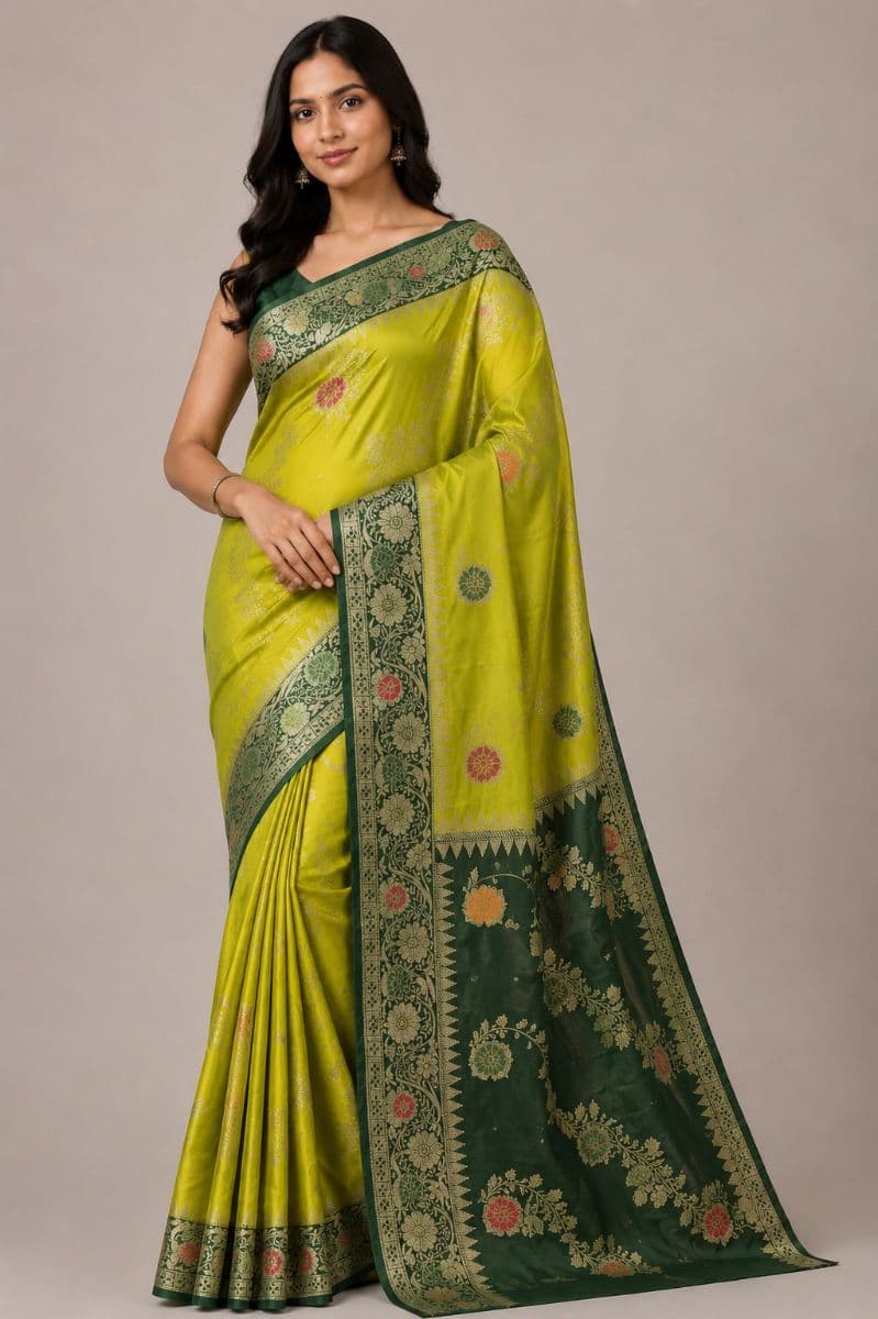 Raw Silk Ada Saree – Mustard Yellow with Deep Green Floral Body