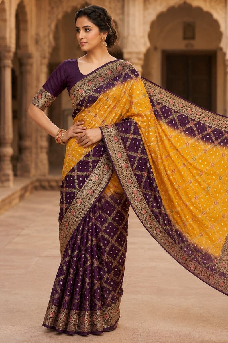 Banarasi Bandhani Silk Saree – Purple & Yellow Gold