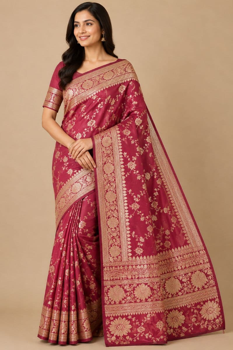 Banarasi floral silk– Magenta with Gold Zari Border