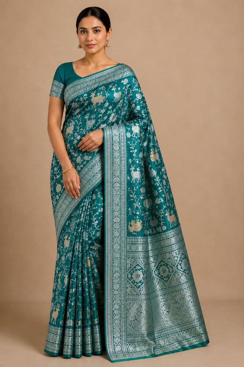 Shikargah Banarasi Saree – Turquoise Teal with Silver Floral & Deer Motifs