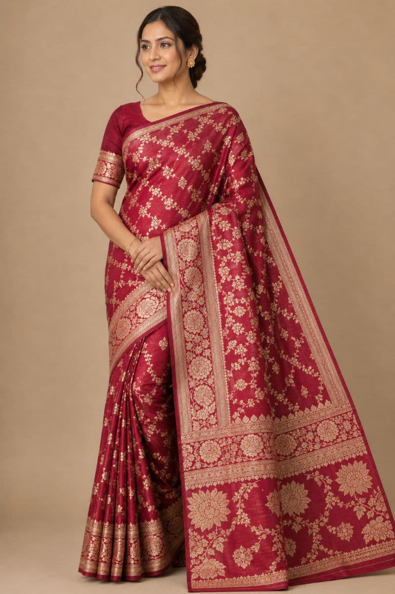 Banarasi floral silk– Plum with Gold Zari Border