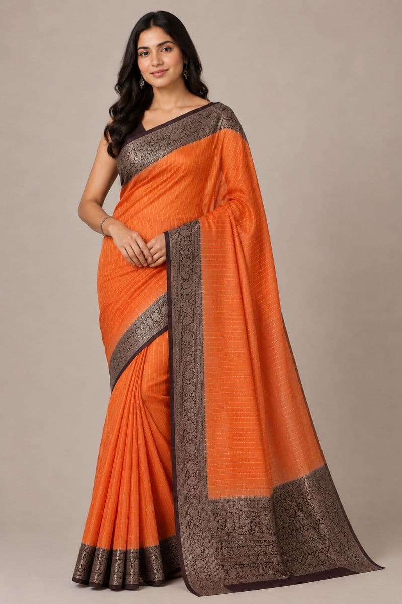 Tikli Viscose Saree – Orange with Antique Gold Border