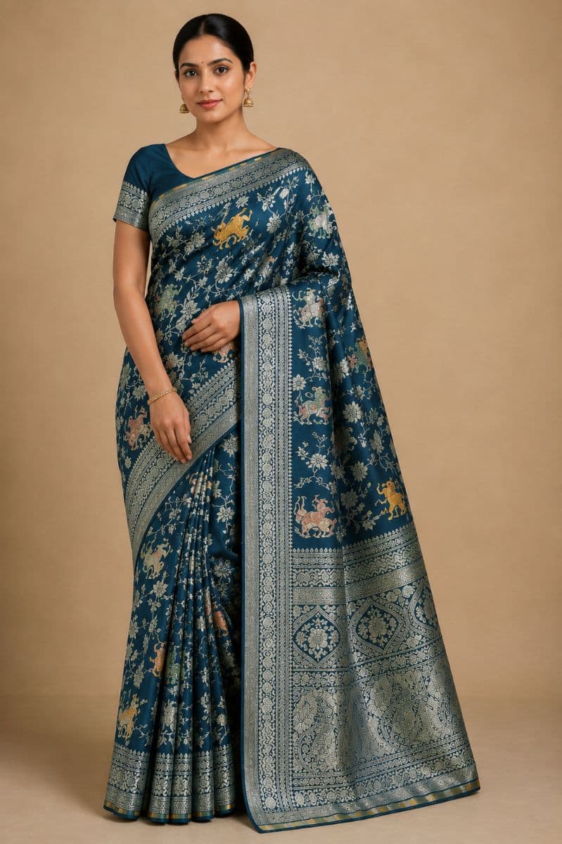 Shikargah Banarasi Saree – Deep Teal Green with Gold Deer Motifs