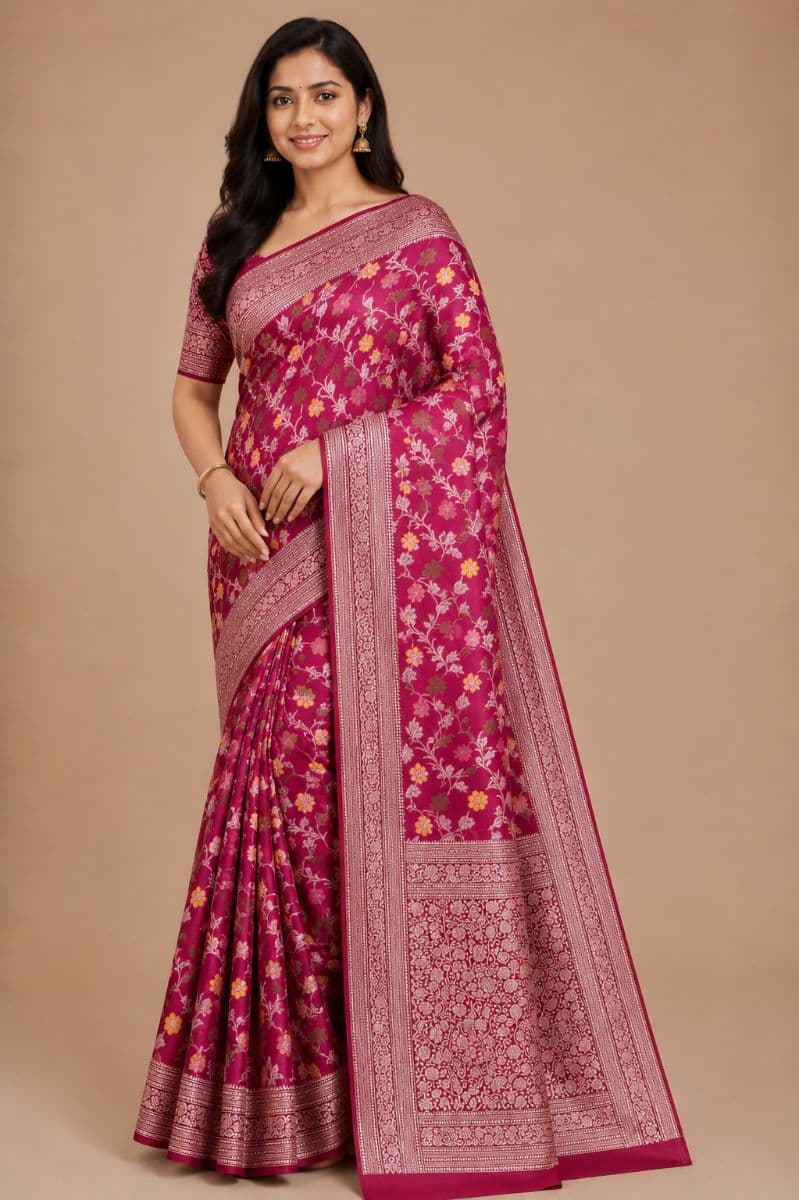 Tanchui Wine Red Floral Saree – Maroon Border