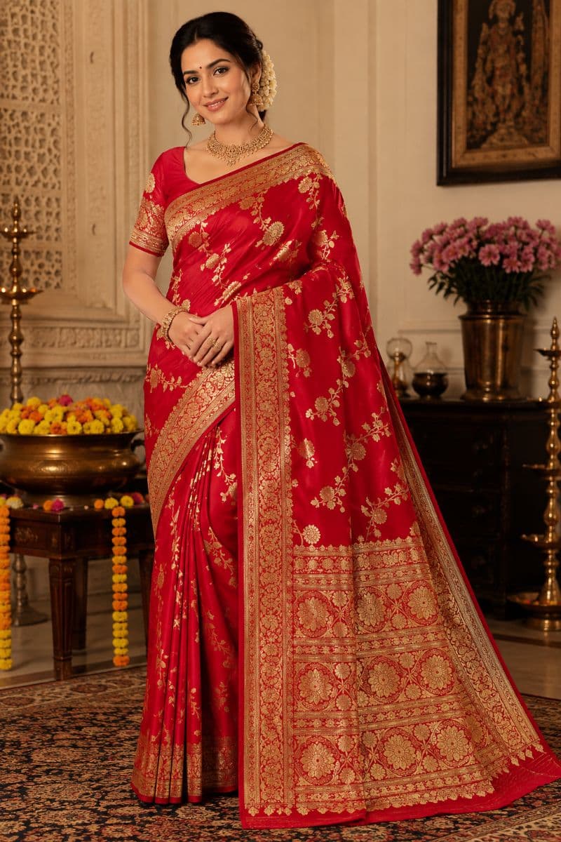 Banarasi Katan Silk Saree – Classic Red Floral Zari