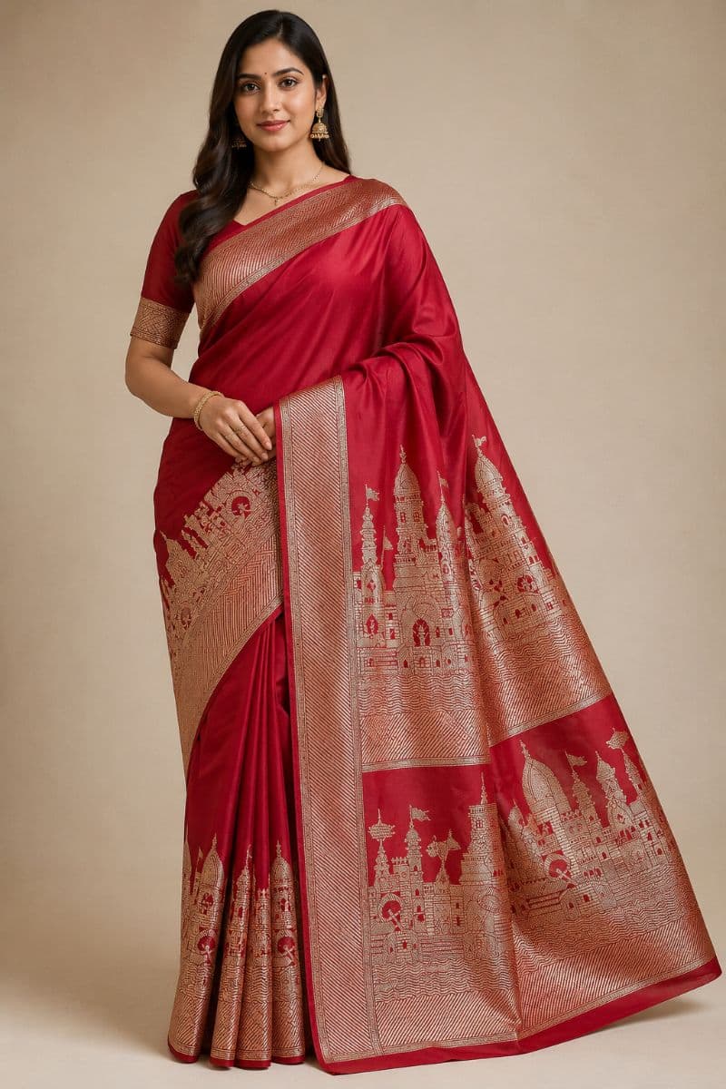 Banarasi Ghat Silk Saree – Wine Red with Antique Gold Banaras Ghat Border