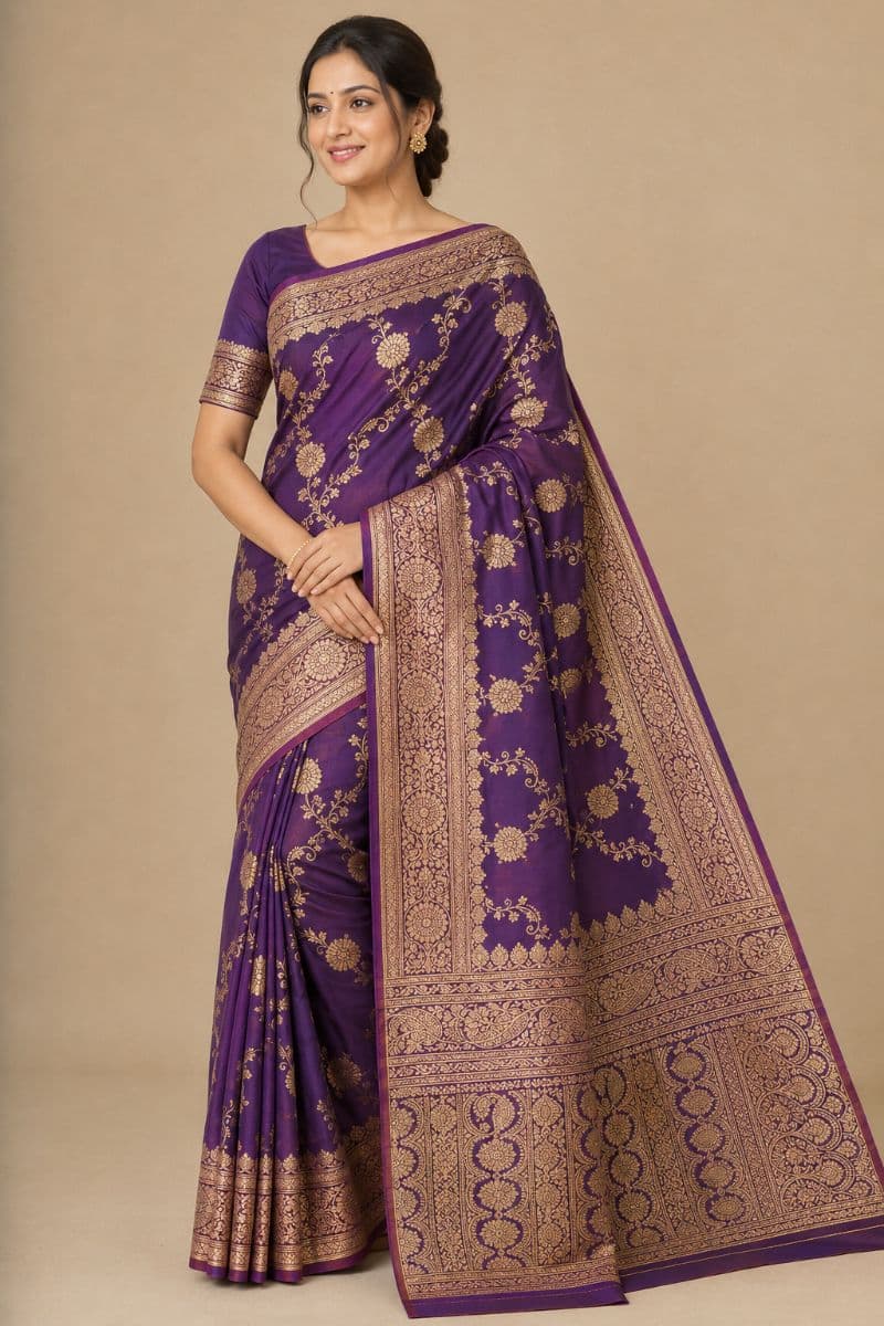 Banarasi floral silk– Deep Purple with Gold Zari Border