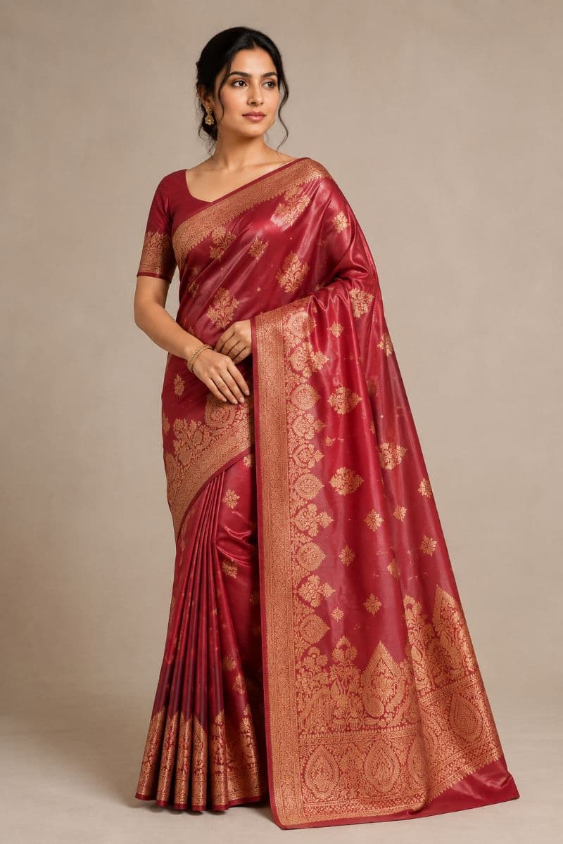 Banarasi Satin Silk – Wine with Antique Gold Zari
