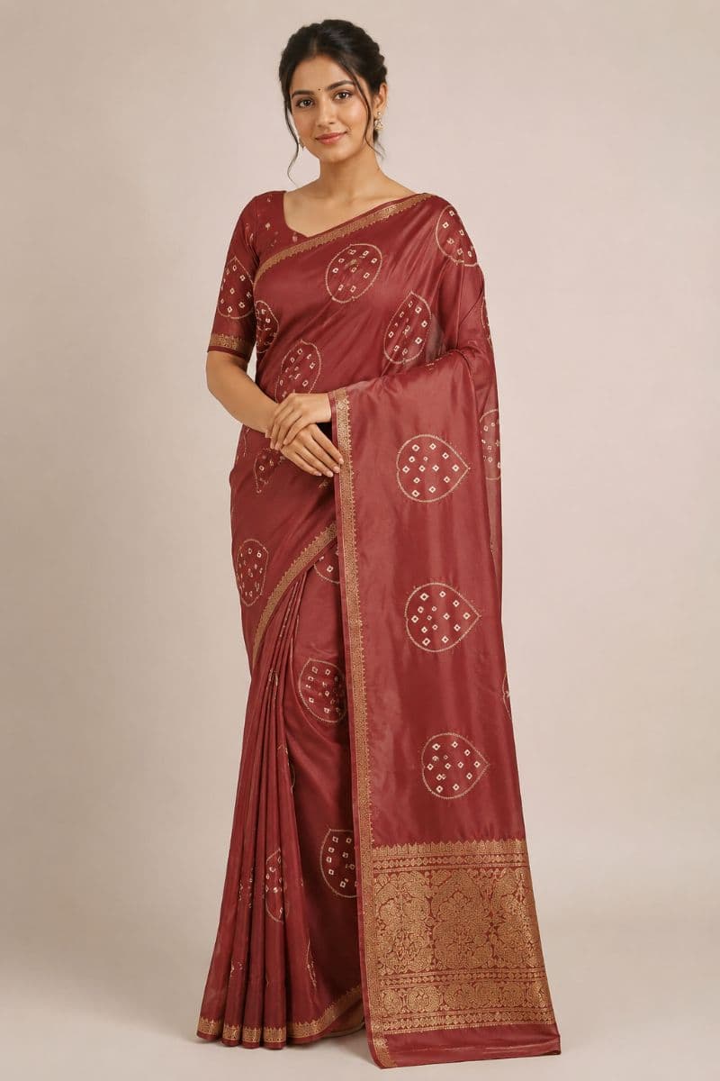 Assamese Bandhej Saree – Dusty Rose with Antique Gold Border