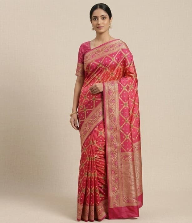 Banarasi Bandhani Silk Saree – Coral Red & Pink