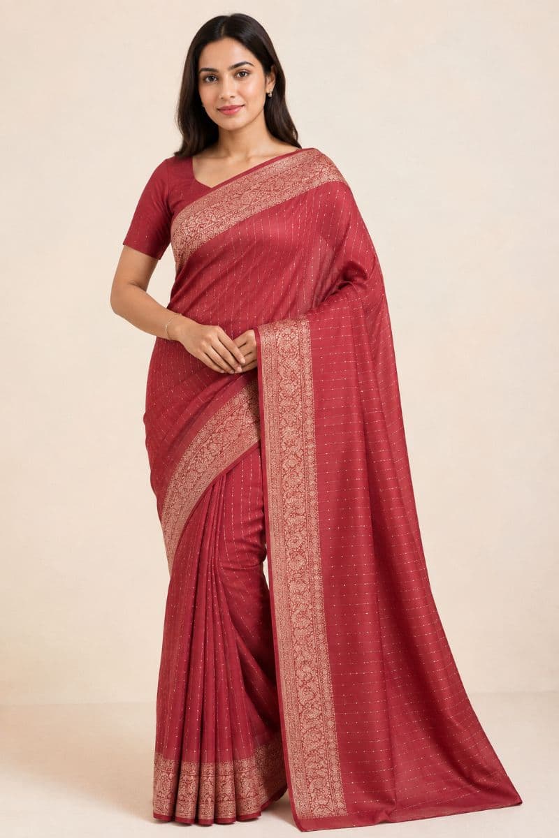 Tikli Viscose Saree – Maroon Red with Antique Gold Floral Border