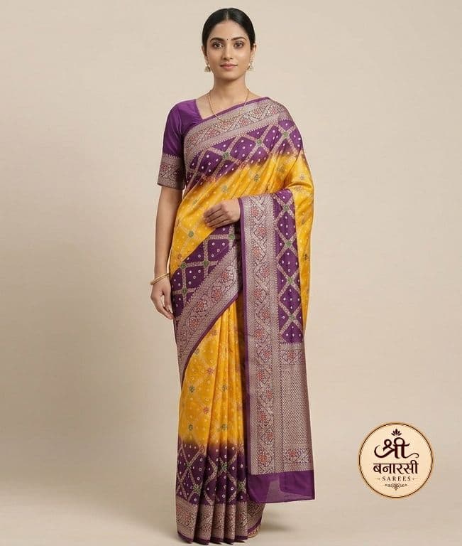 Banarasi Bandhani Silk Saree – Purple & Mustard Yellow