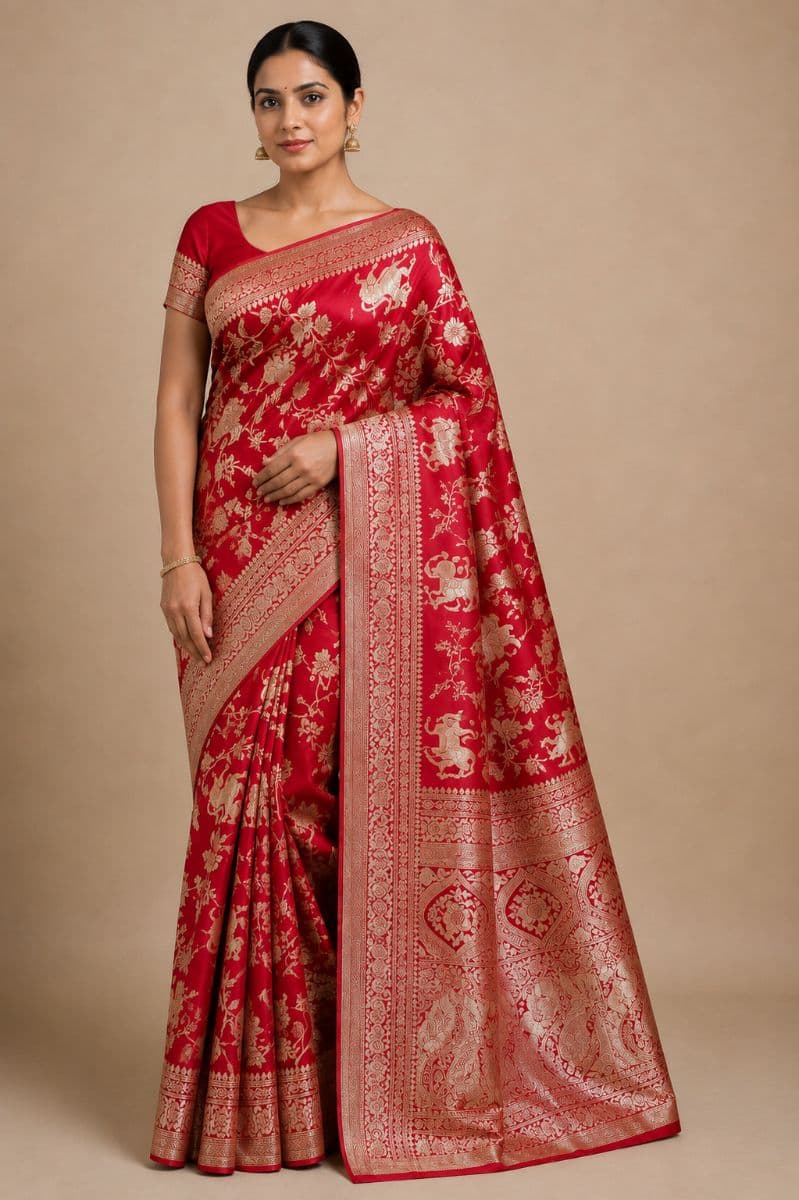 Shikargah Banarasi Saree – Coral Orange with Antique Gold Floral Design