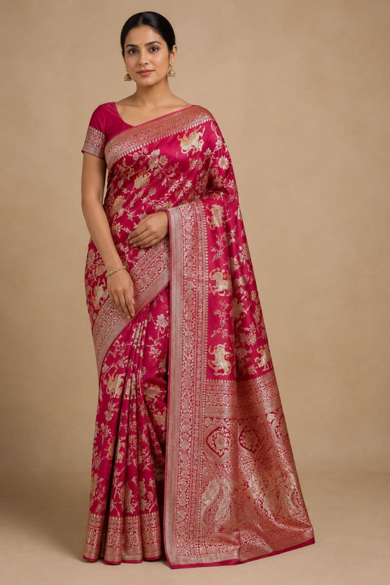 Shikargah Banarasi Saree – Rani Pink with Antique Gold Motifs