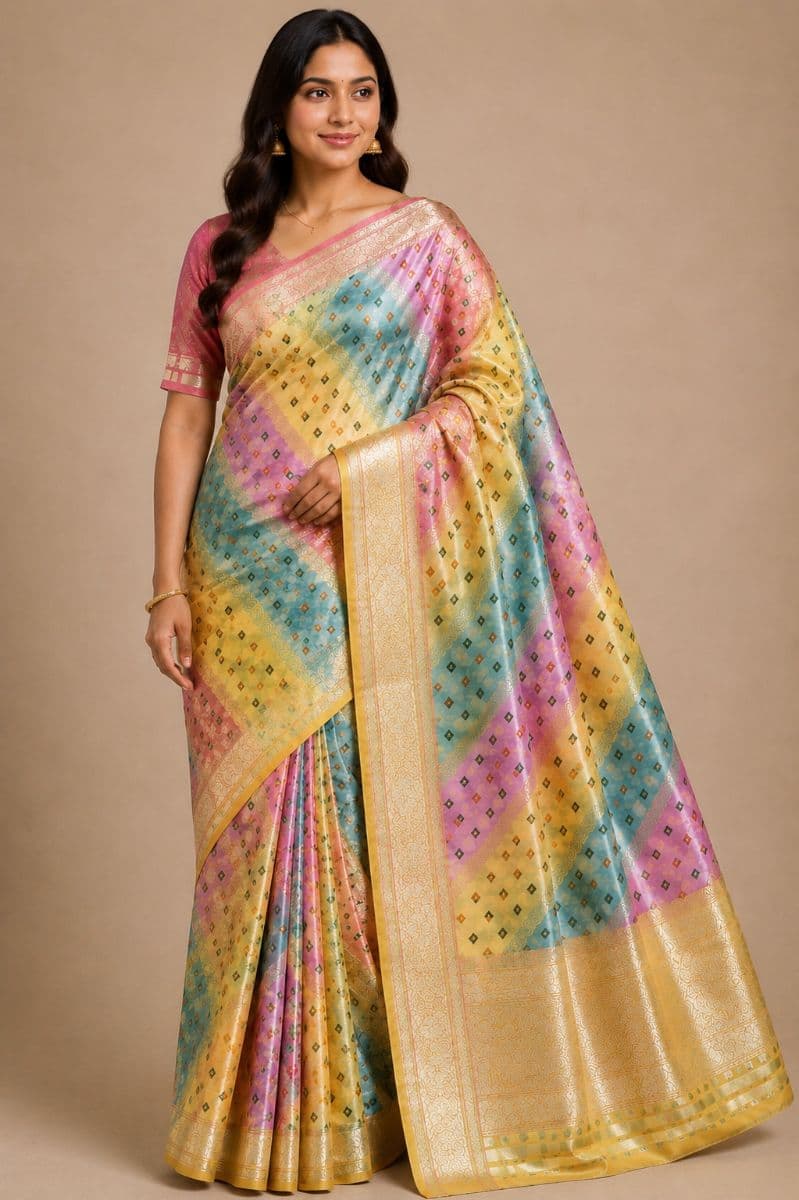 Rangkaat Silk Saree – Peach, Yellow border & Lavender Multicolor with Antique Gold