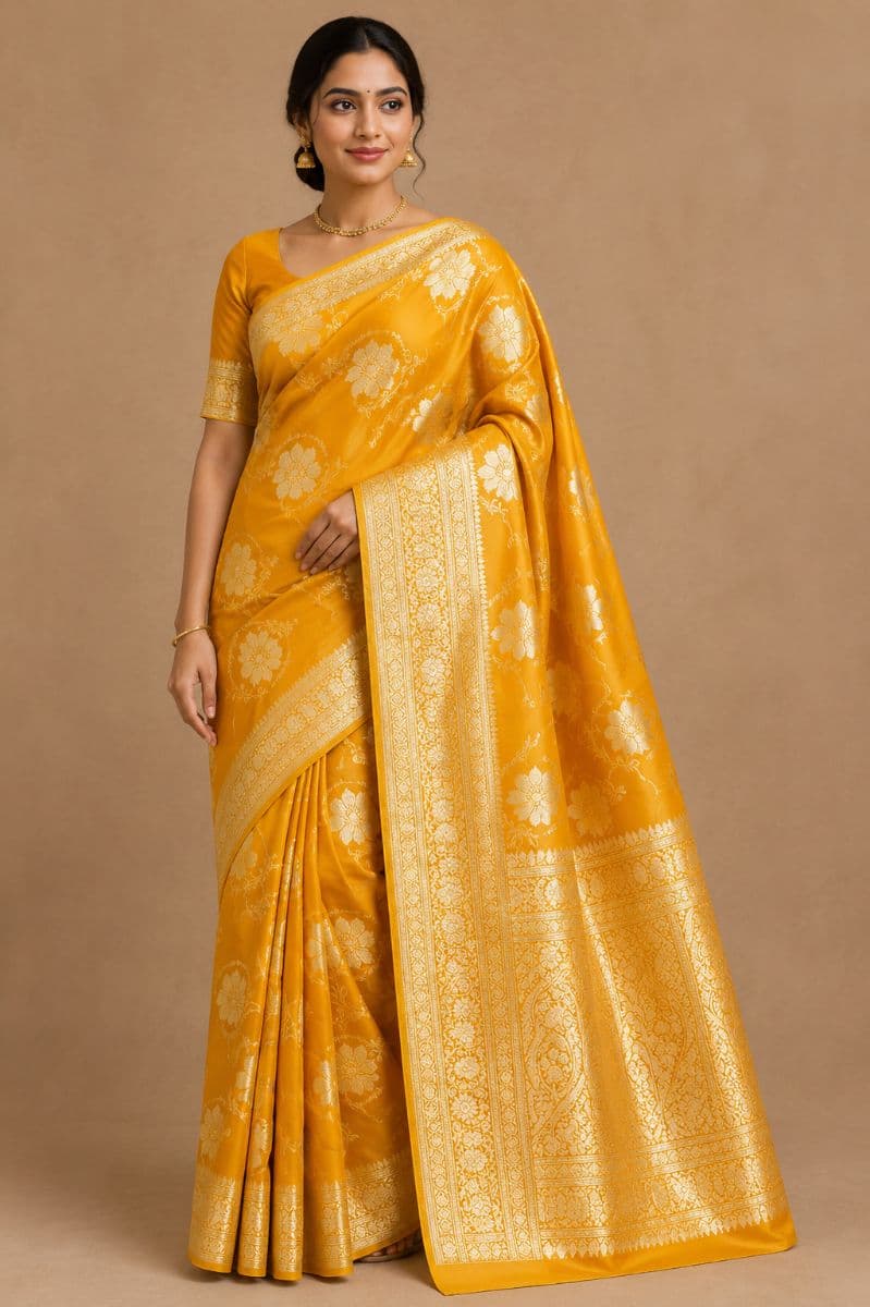 Banarasi Buta Katan Saree – Mustard Yellow with Antique Gold Floral Buta