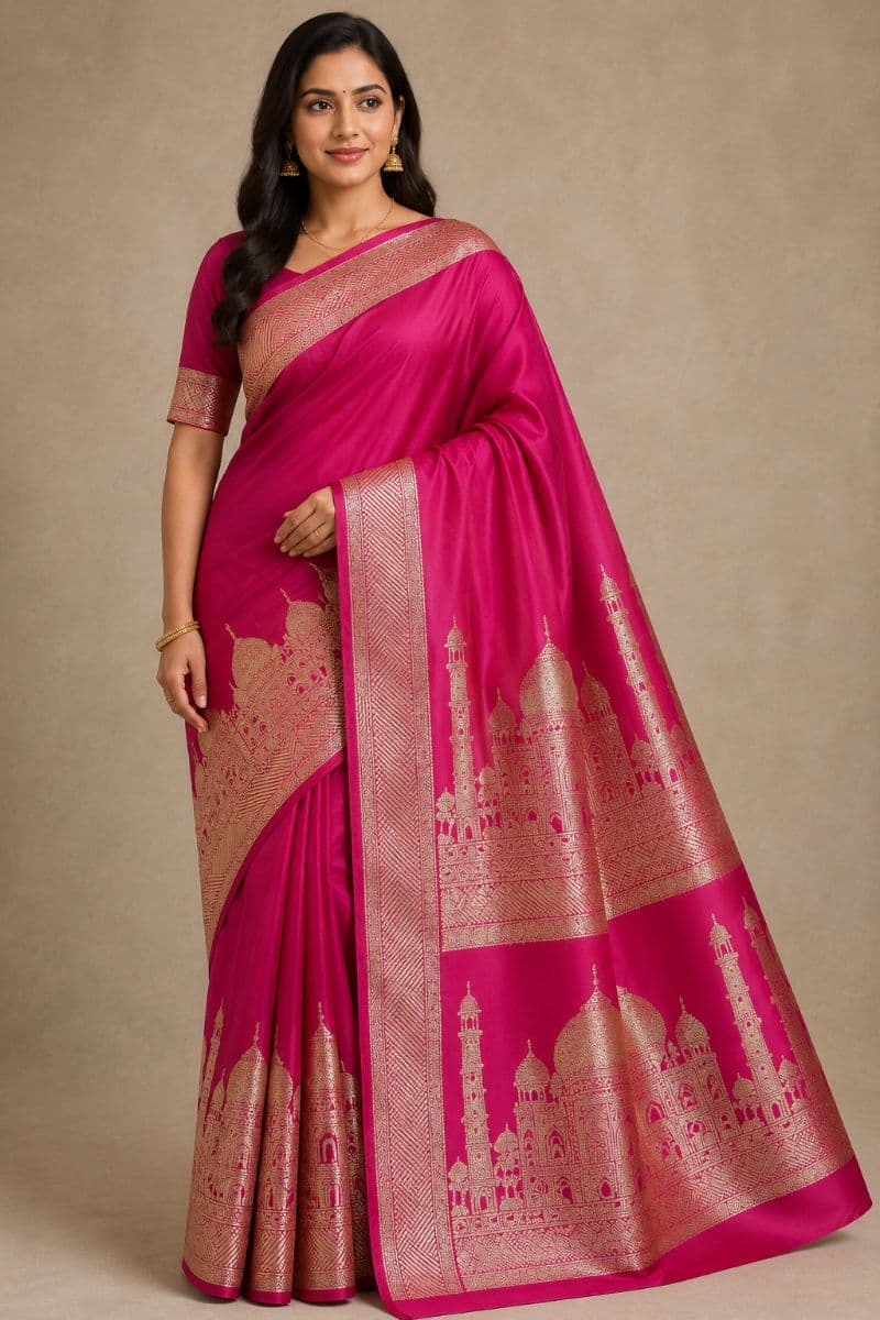 Banarasi Taj Mahal Silk Saree – Rani Pink with Antique Gold Taj Mahal Motif