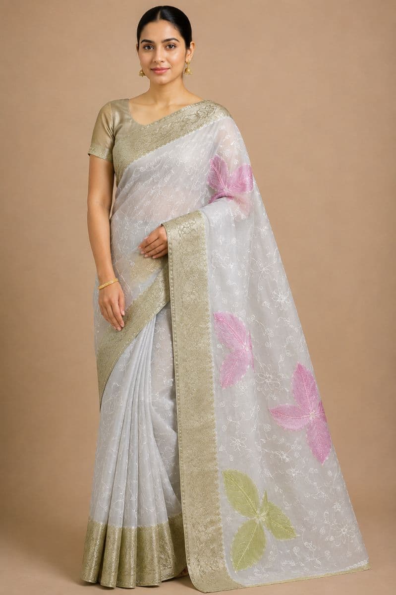 Chikankari Saree – Soft Grey with Multicolor Floral Motifs